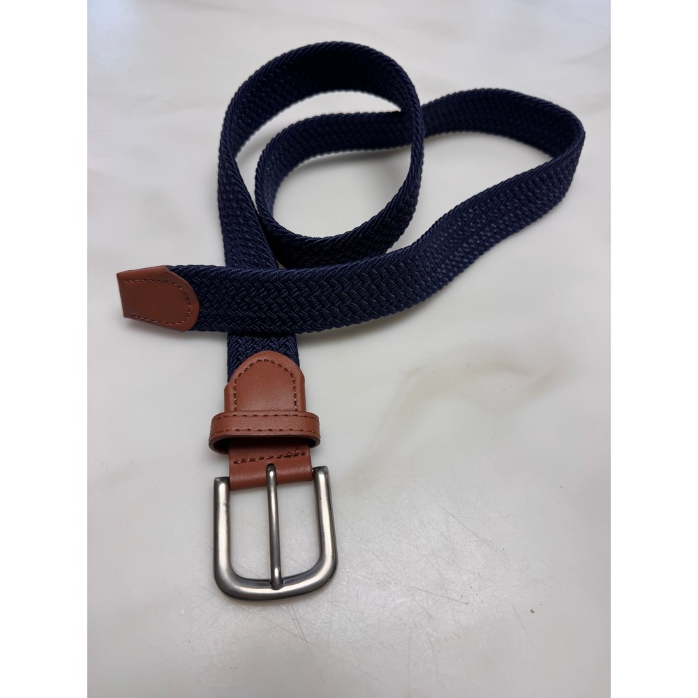 Mugsy Jeans Mens Navy Blue Braided Stretch Belt Brown Faux Leather Silver Buckle
